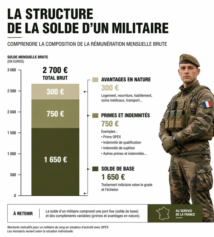 Infographie de la composition de la solde et du salaire dans l'armée de terre par grade