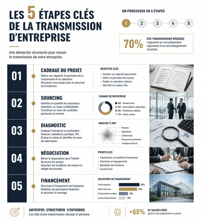 Infographie des étapes de reprise d'une entreprise à céder pour cause de retraite via le réseau CRA