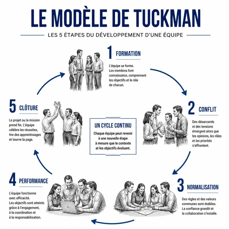 Infographie des 5 étapes du modèle de Tuckman pour le développement d'équipe