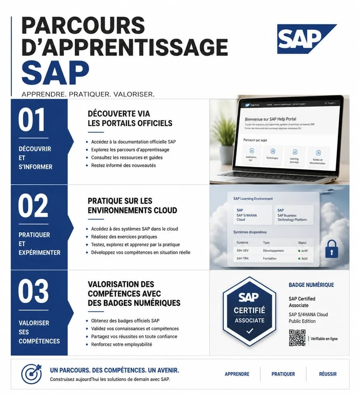 Infographie du parcours de formation SAP gratuite et ressources disponibles