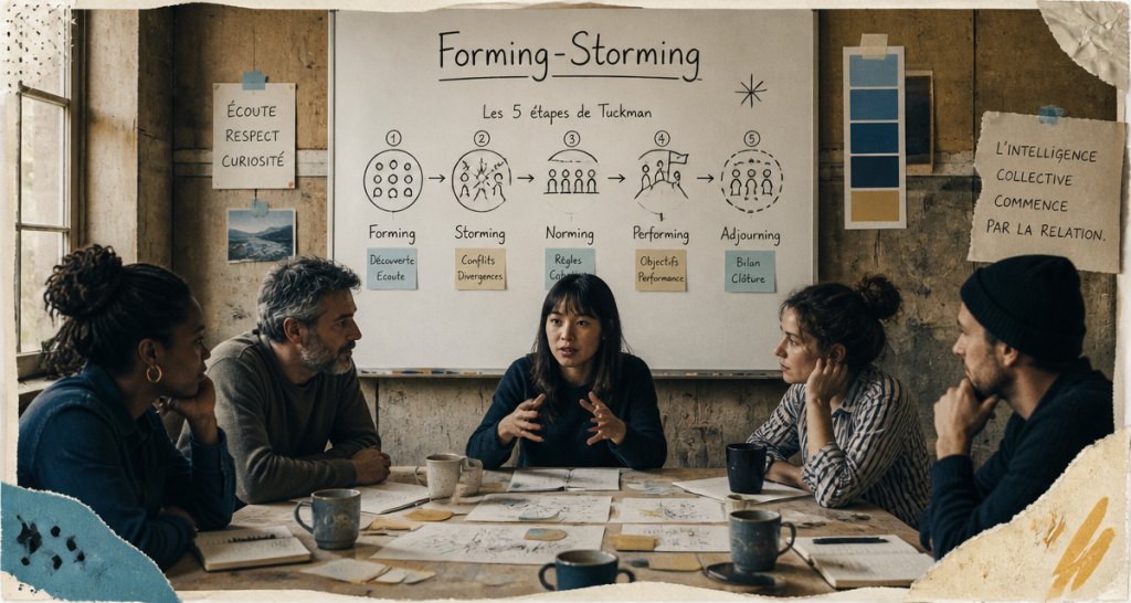 forming storming équipe autour table schéma Tuckman