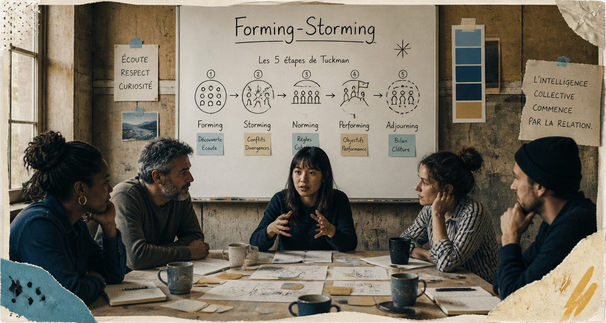 forming storming équipe autour table schéma Tuckman