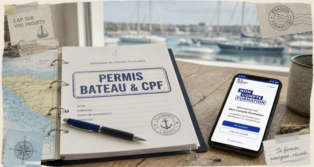 dossier permis bateau cpf sur table avec smartphone