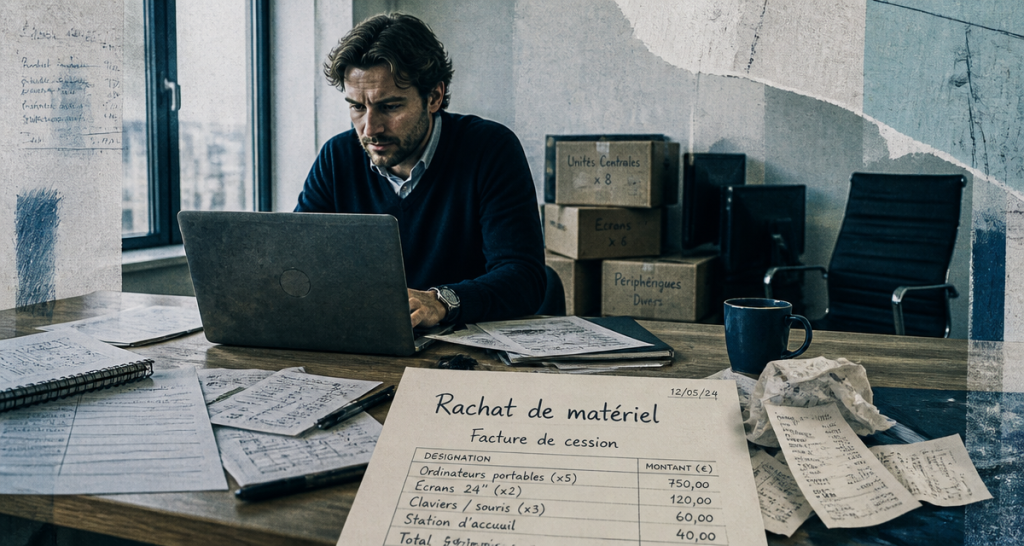 Racheter le matériel de son entreprise, ordinateur et facture de cession visibles