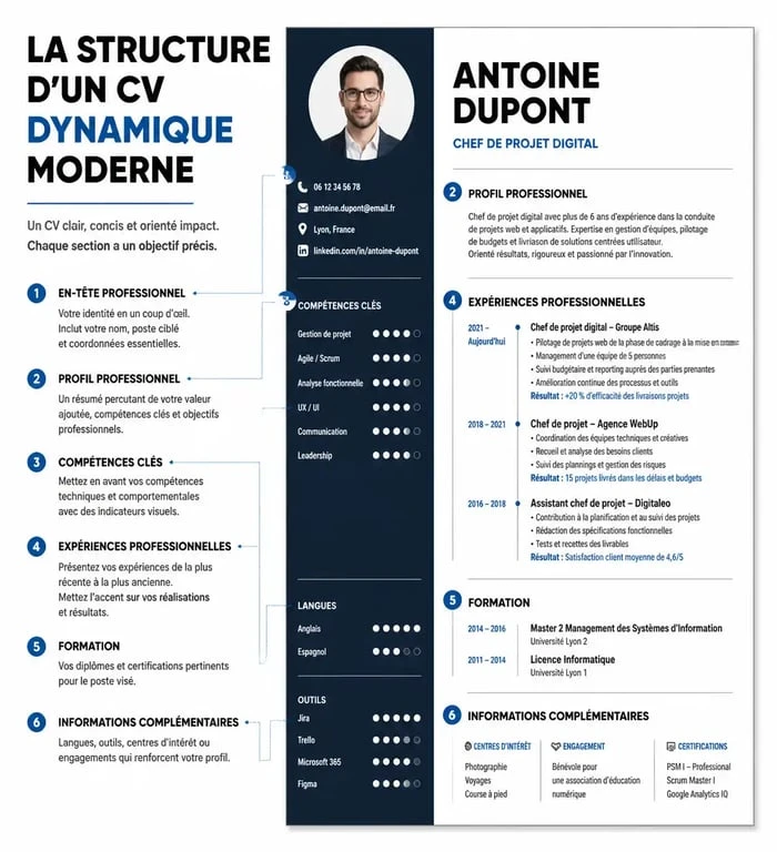 Infographie illustrant la structure et la mise en page d'un CV dynamique moderne pour recruteurs