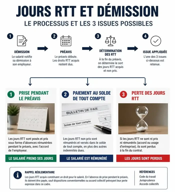 Schéma explicatif des règles de gestion des jours RTT lors d'une démission et fin de contrat