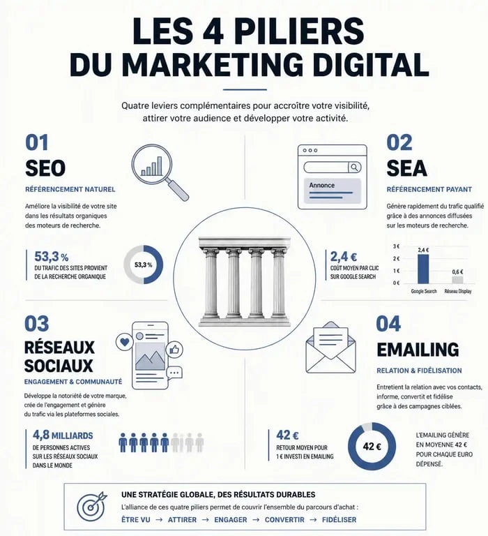Infographie des leviers du marketing digital : SEO, SEA, Réseaux Sociaux et Emailing