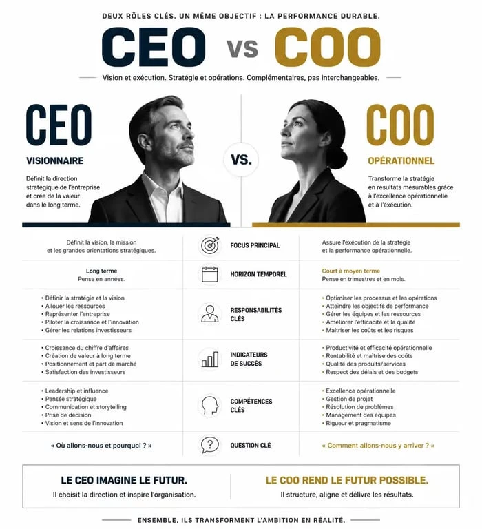 Infographie comparative des rôles de CEO et COO dans l'entreprise