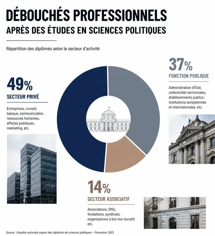 Infographie sur les débouchés en sciences politiques et répartition des secteurs d'emploi