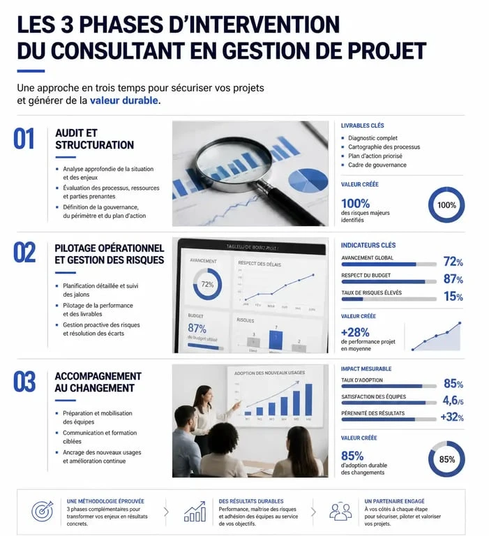 Infographie des trois phases d'intervention d'un consultant en gestion de projet : audit, pilotage et accompagnement au changement.