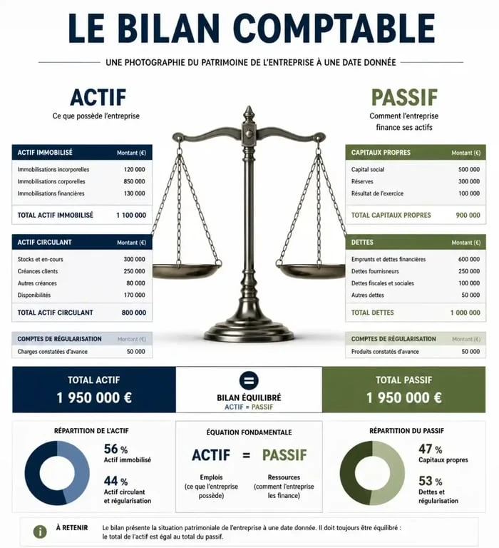 Schéma illustrant la structure d'un bilan comptable pour apprendre comment analyser un bilan comptable