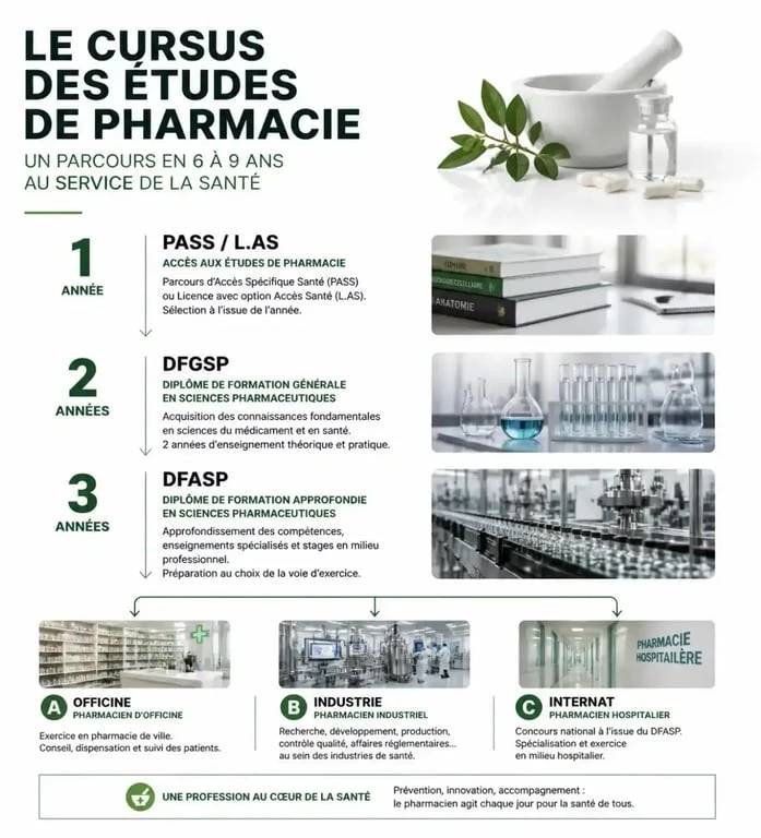 Schéma du cursus des études pour devenir pharmacien en France