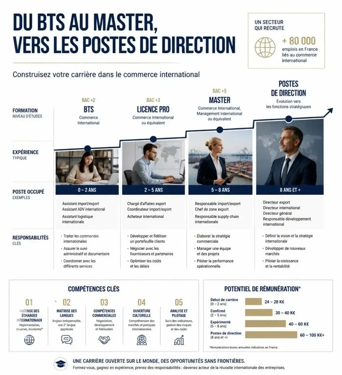Infographie des étapes de carrière et métiers dans le commerce international