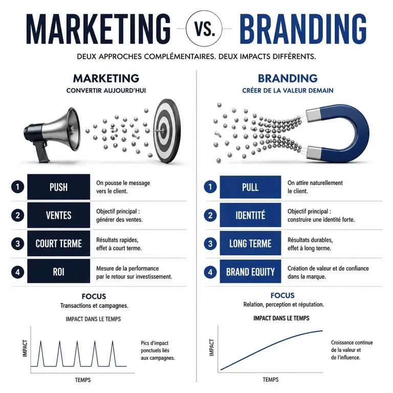 Infographie comparative marketing vs branding pour comprendre les différences stratégiques