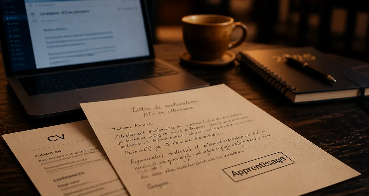 Lettre de motivation pour bts en alternance sur papier, avec tampon Apprentissage et CV
