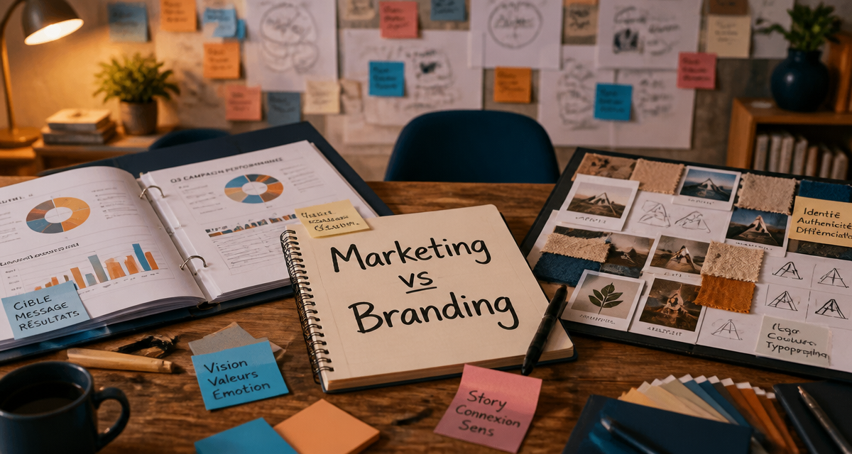 Marketing branding : dossier graphique et moodboard sur une table