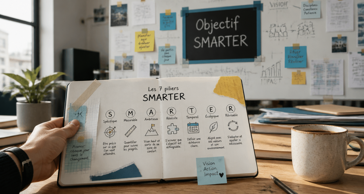 Objectif SMARTER sur tableau blanc et carnet