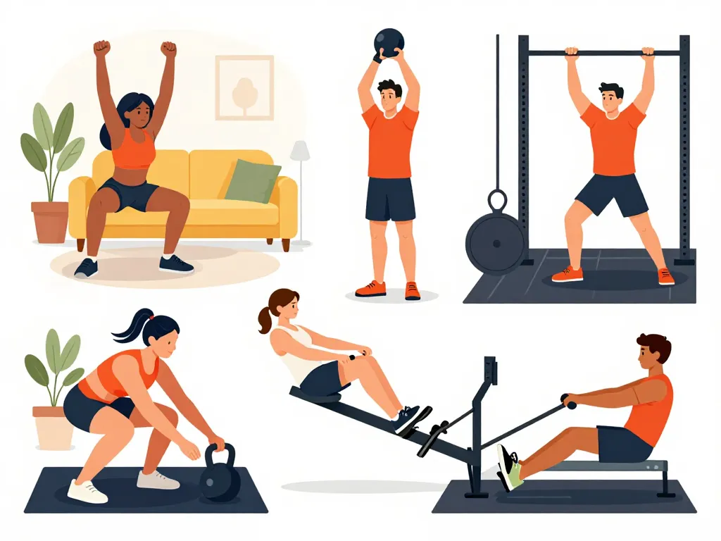 Illustration mouvements wod cardio à la maison et en salle