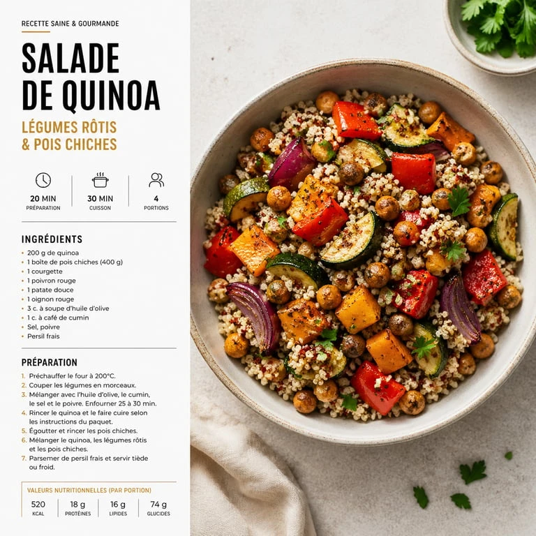 Salade de quinoa aux légumes rôtis et pois chiches pour un repas équilibré selon les 7 groupes d'aliments