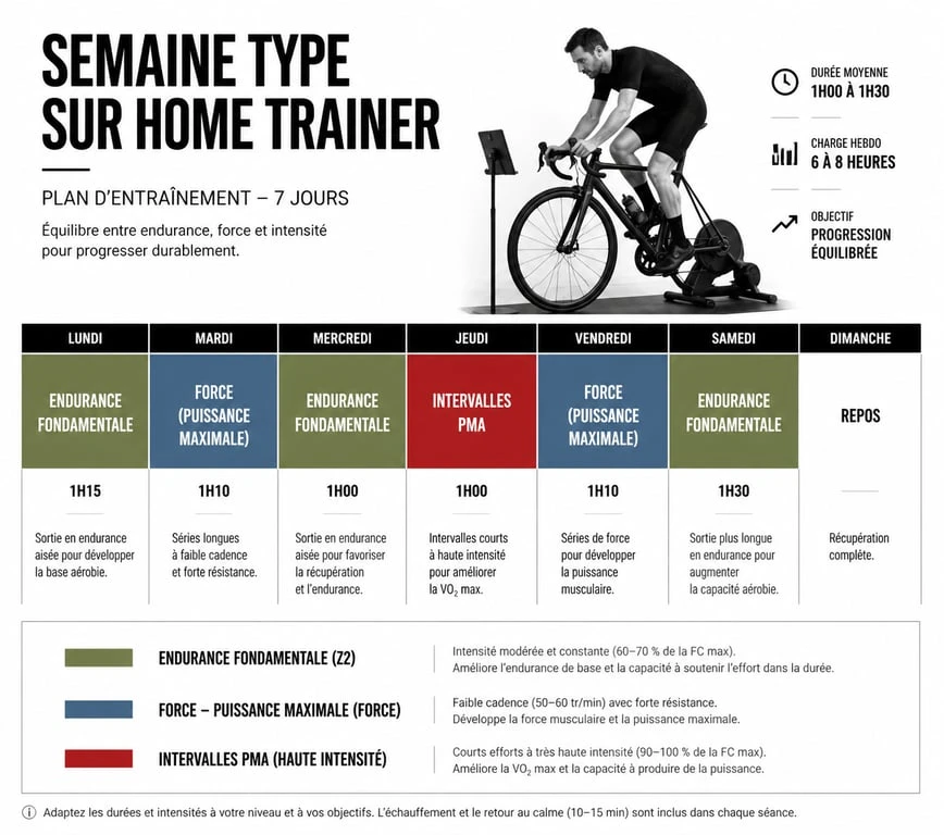 Infographie illustrant une semaine type d'entraînement pour 1h de home trainer par jour