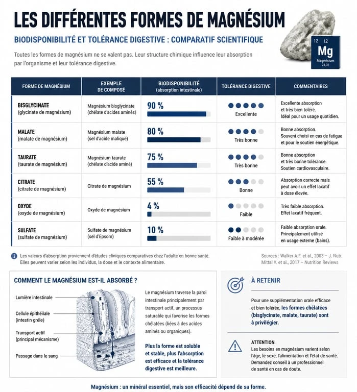 Infographie comparative des formes de magnésium et leur biodisponibilité pour la supplémentation