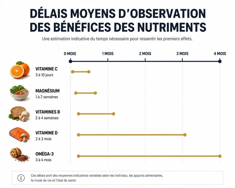 Infographie des délais d'action des vitamines et compléments alimentaires : combien de temps pour ressentir les effets