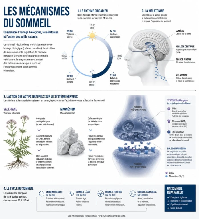Infographie sur les mécanismes d'action des compléments alimentaires pour dormir et la régulation du rythme circadien