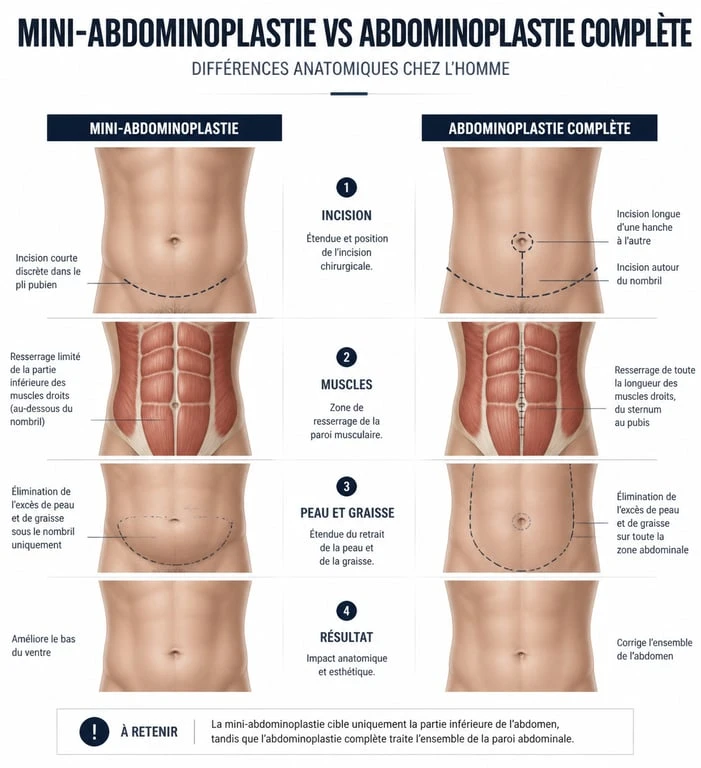 Schéma comparatif des techniques d'abdominoplastie homme : mini-abdominoplastie vs abdominoplastie complète
