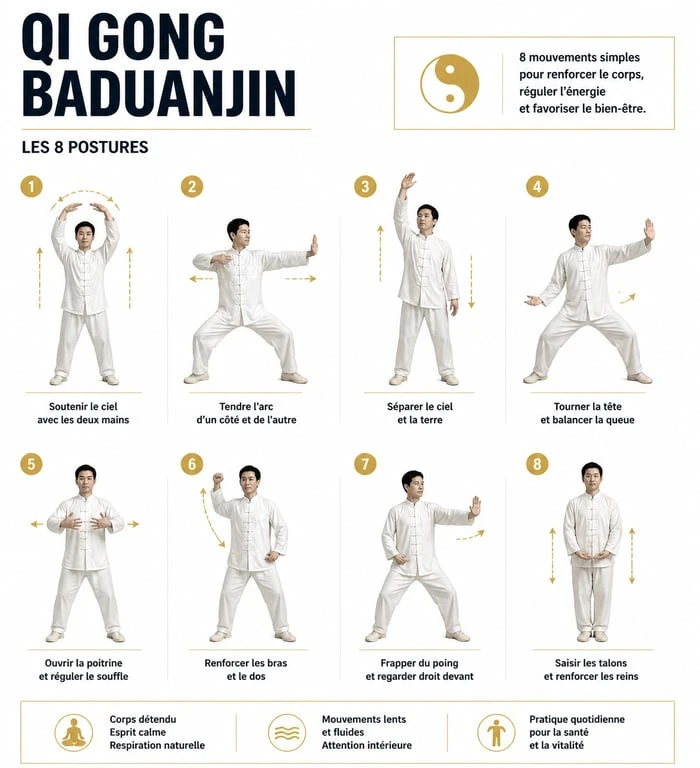 Infographie des 8 postures du Qi Gong Baduanjin pour la pratique quotidienne