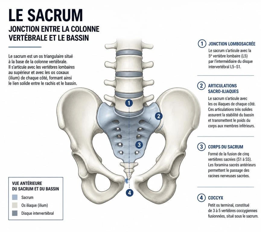 Schéma anatomique du sacrum pour comprendre la fracture du sacrum et la rééducation
