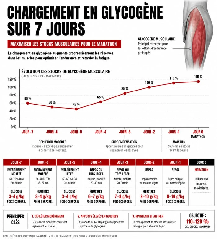 Infographie sur le chargement glucidique pour la préparation d'un marathon