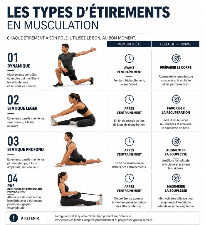 Infographie sur les types d'étirements en musculation et leur timing