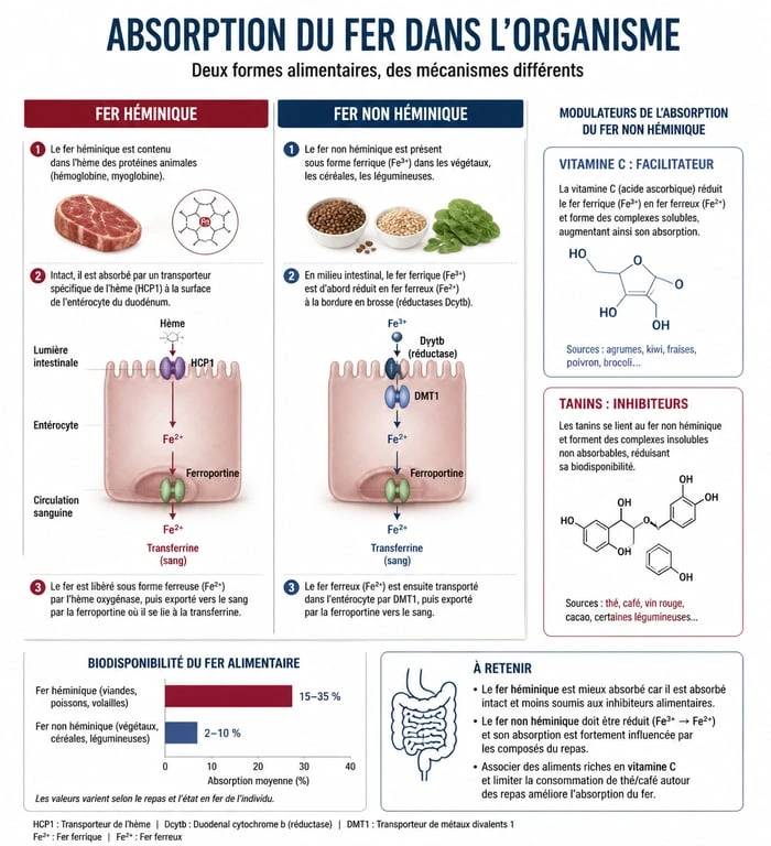 Infographie sur l'absorption du fer alimentaire et les aliments riches en fer pour prévenir l'anémie