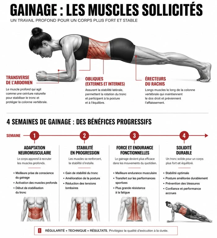 Infographie des bienfaits et résultats du gainage 5 minutes par jour sur le corps