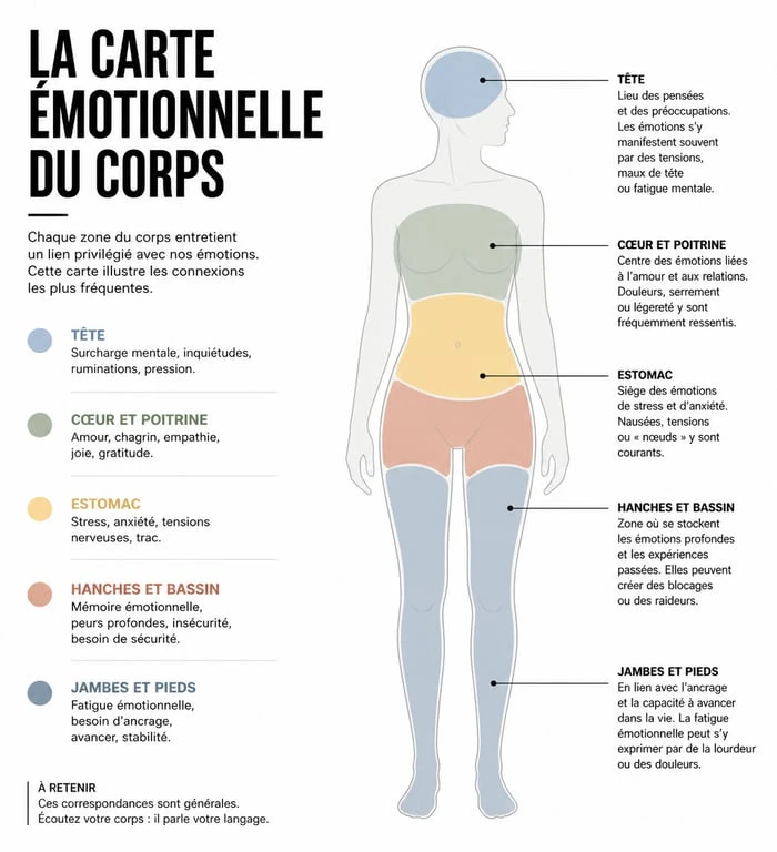 Carte émotionnelle des maux du corps illustrant les zones corporelles et leurs émotions associées