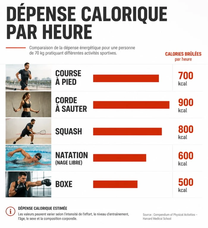 Infographie comparant la dépense calorique des sports les plus efficaces pour brûler des calories