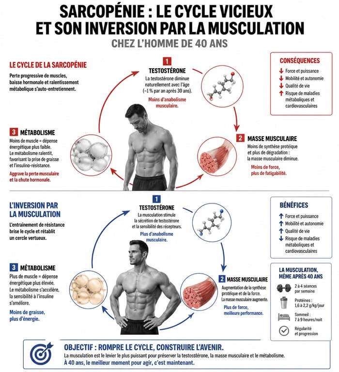 Infographie musculation homme 40 ans et bienfaits hormonaux