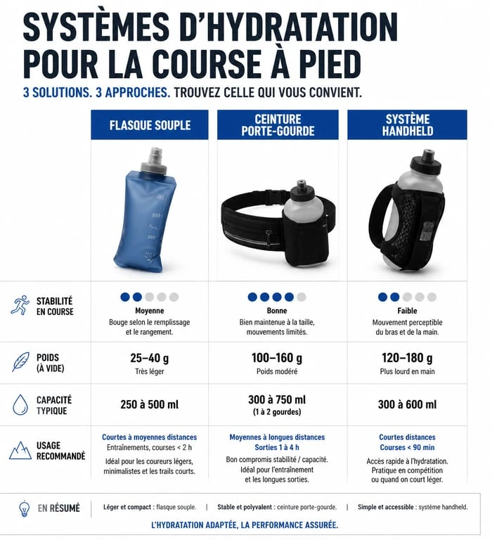 Comparatif des systèmes d'hydratation pour la course à pied : gourde souple, ceinture et handheld