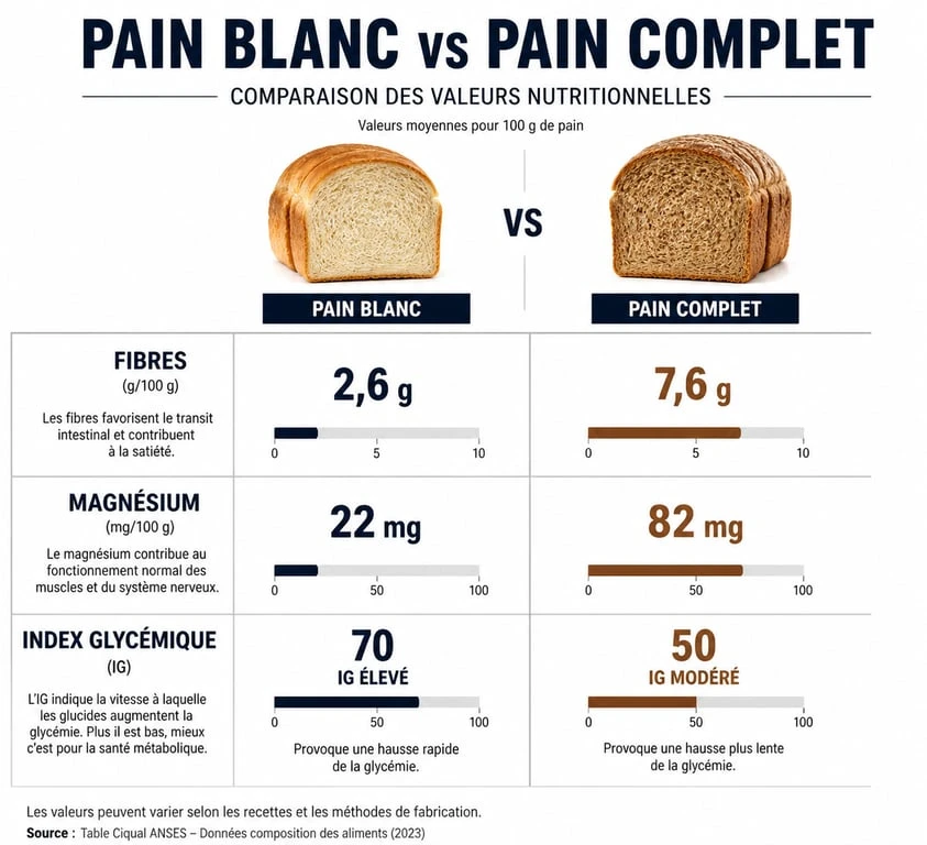 Infographie comparative des bienfaits nutritionnels du pain complet par rapport au pain blanc