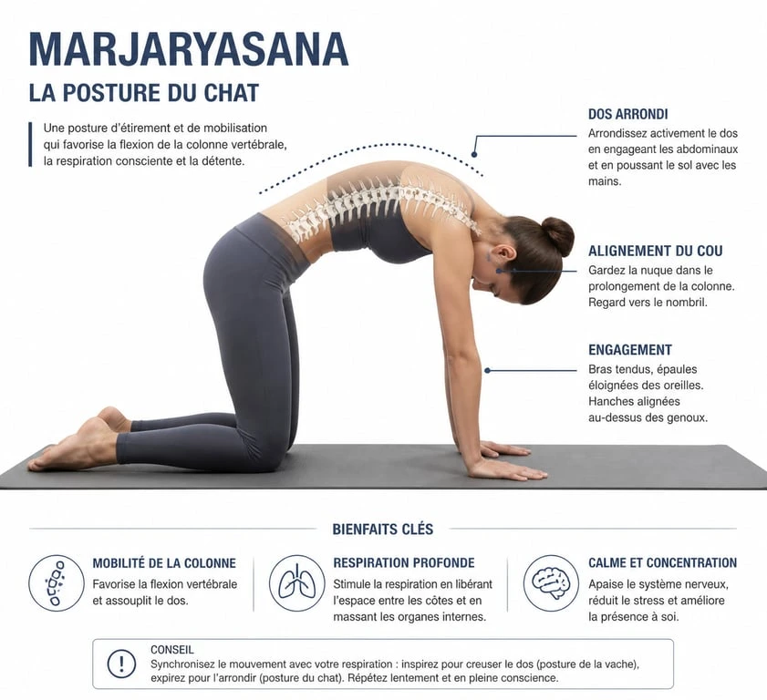 Illustration de la posture du chat en yoga (Marjaryasana) pour une pratique sécurisée