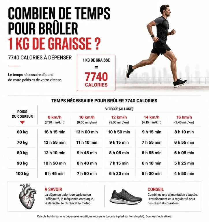 Infographie montrant le temps de course nécessaire pour perdre 1 kg selon le poids et la vitesse