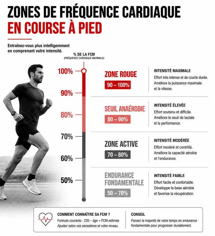 Infographie des zones de fréquence cardiaque en course à pied pour optimiser son entraînement à 160 bpm