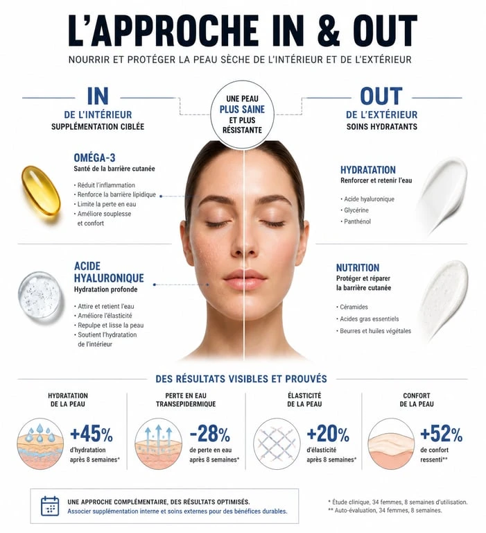 Infographie approche In & Out pour le traitement de la peau sèche par compléments alimentaires