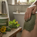 Phytargile application argile verte sur genou avec plantes