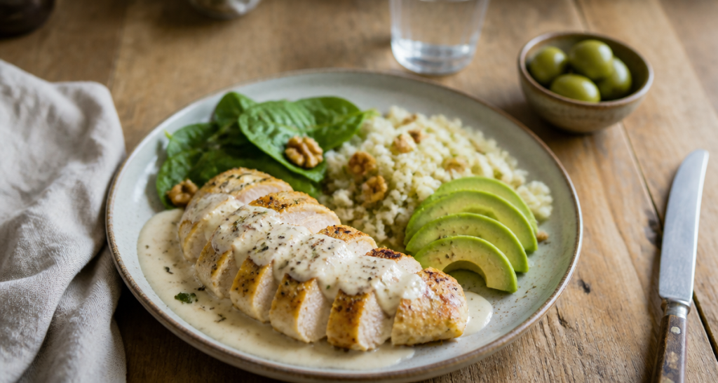 assiette aliments pauvre en glucide poulet avocat riz chou-fleur