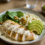 assiette aliments pauvre en glucide poulet avocat riz chou-fleur