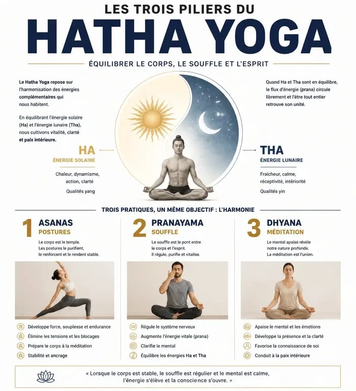 Infographie explicative des piliers et principes du hatha yoga
