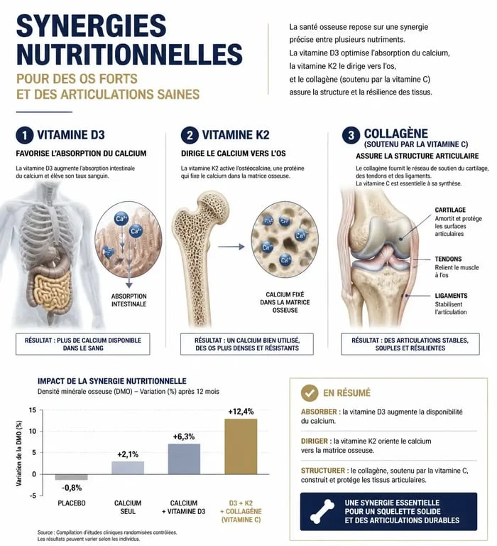 Infographie sur les vitamines essentielles pour les os et articulations et leurs rôles dans le métabolisme osseux