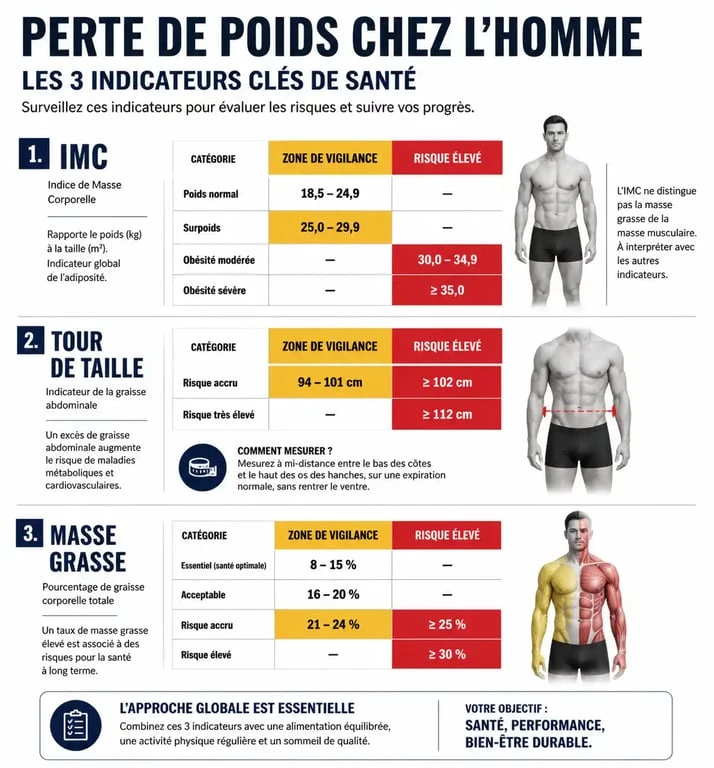 Infographie des indicateurs de santé pour la perte de poids homme : IMC et tour de taille