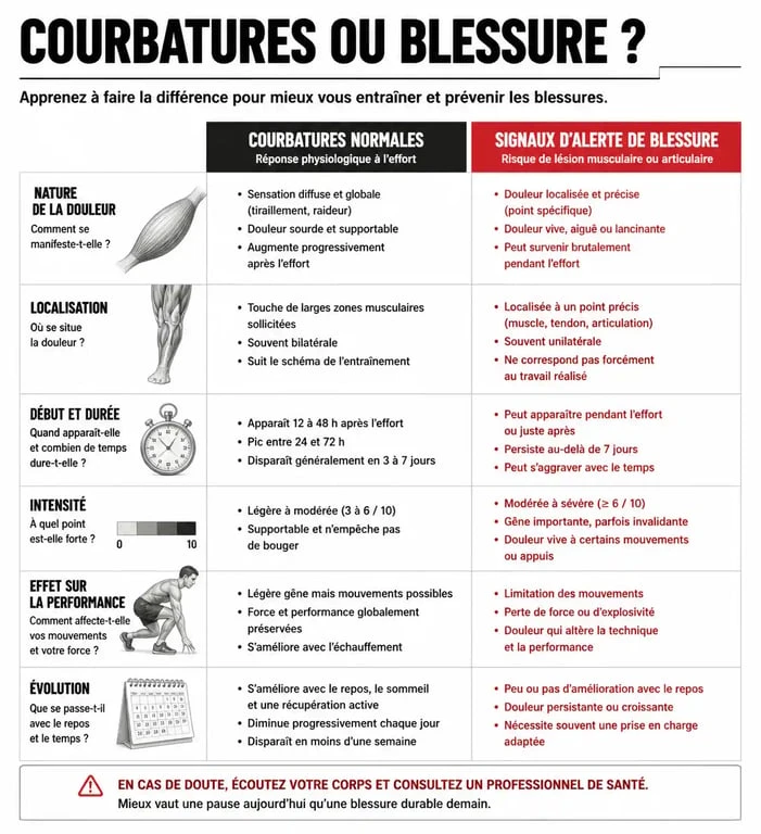 Infographie comparative : courbatures après musculation bon signe ou blessure
